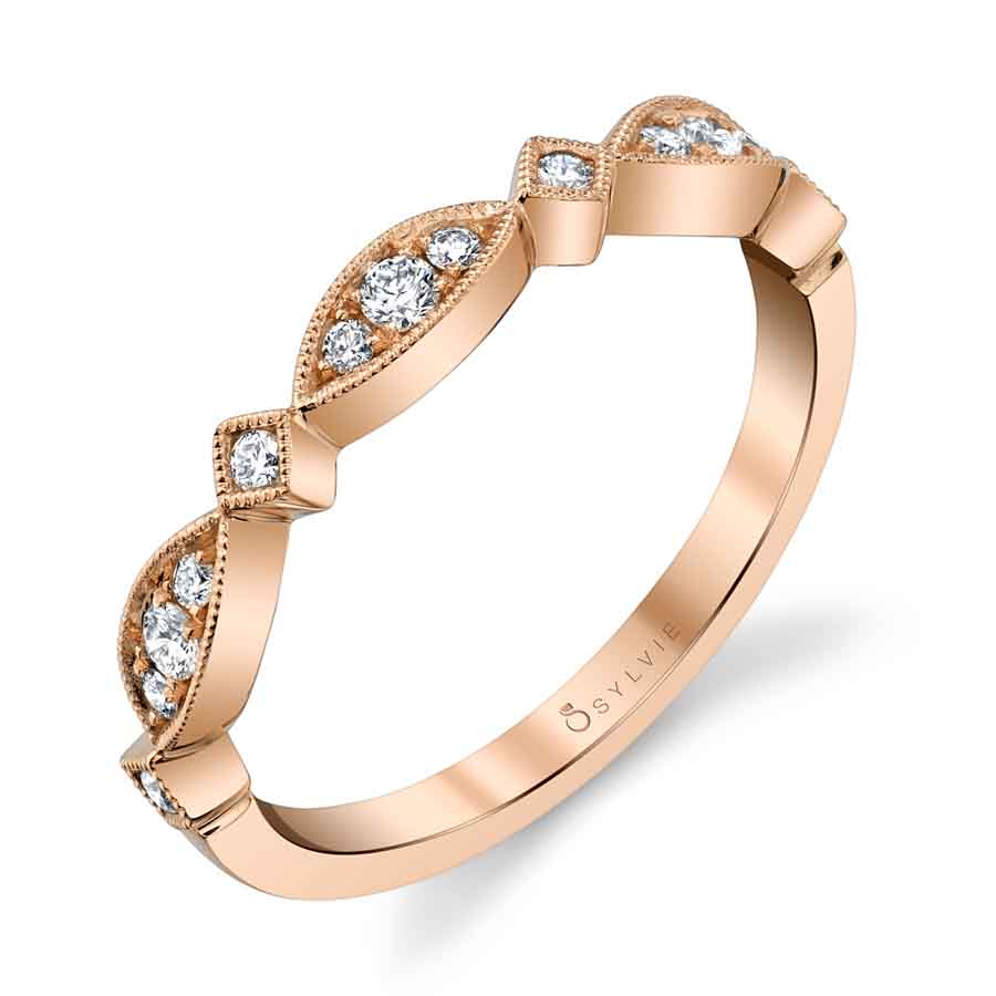 (14K Rose) Diamond & Marquise Shaped Stackable Band