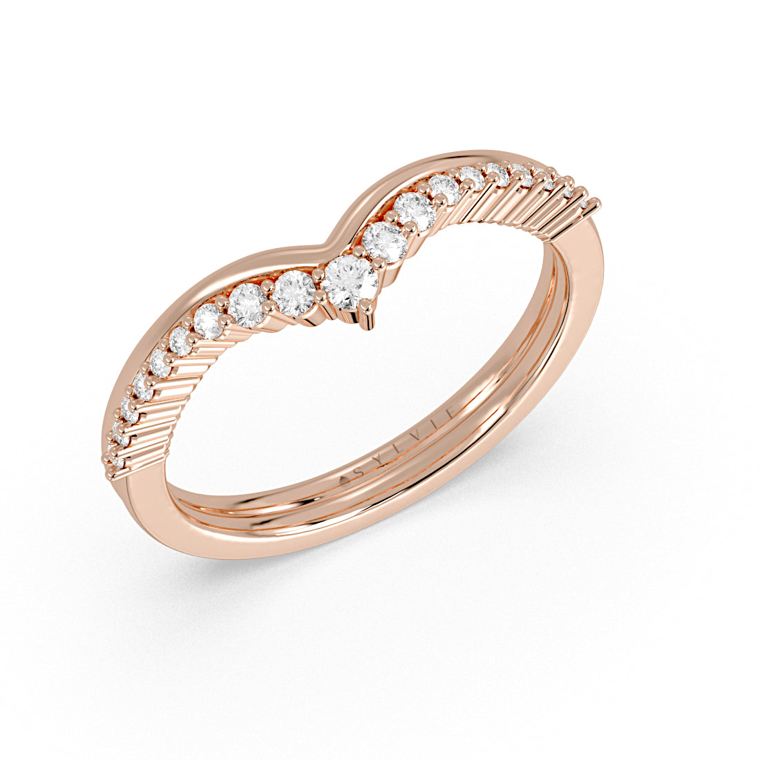 (14K Rose) Double Band Curved Diamond Wedding Ring