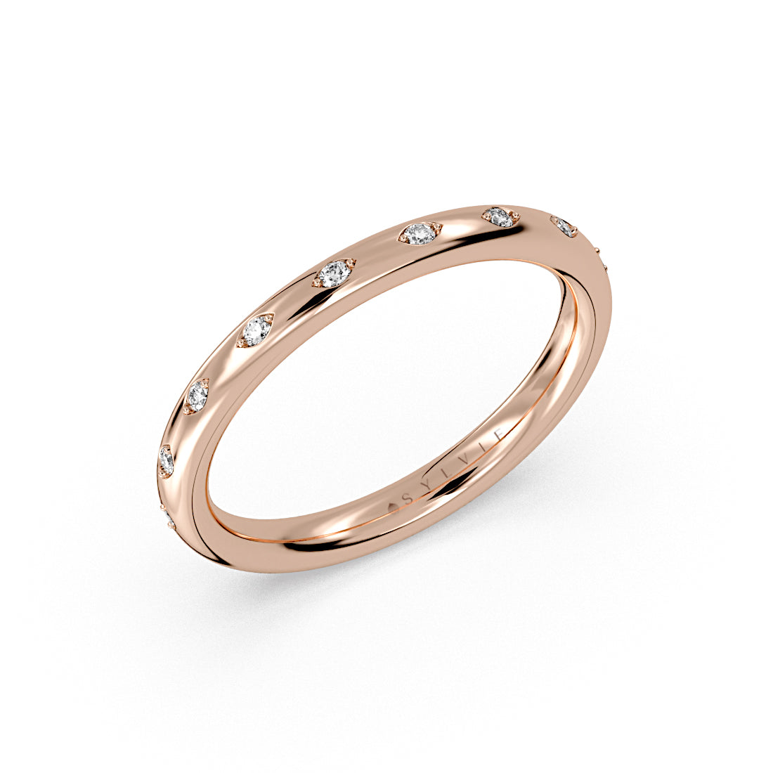 (18K Rose) Flush Set Spaced Diamond Wedding Ring