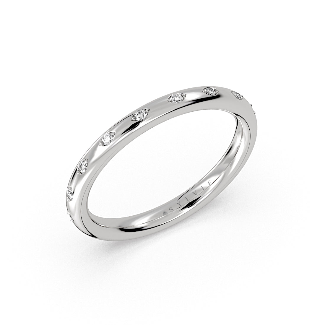 (Platinum White) Flush Set Spaced Diamond Wedding Ring
