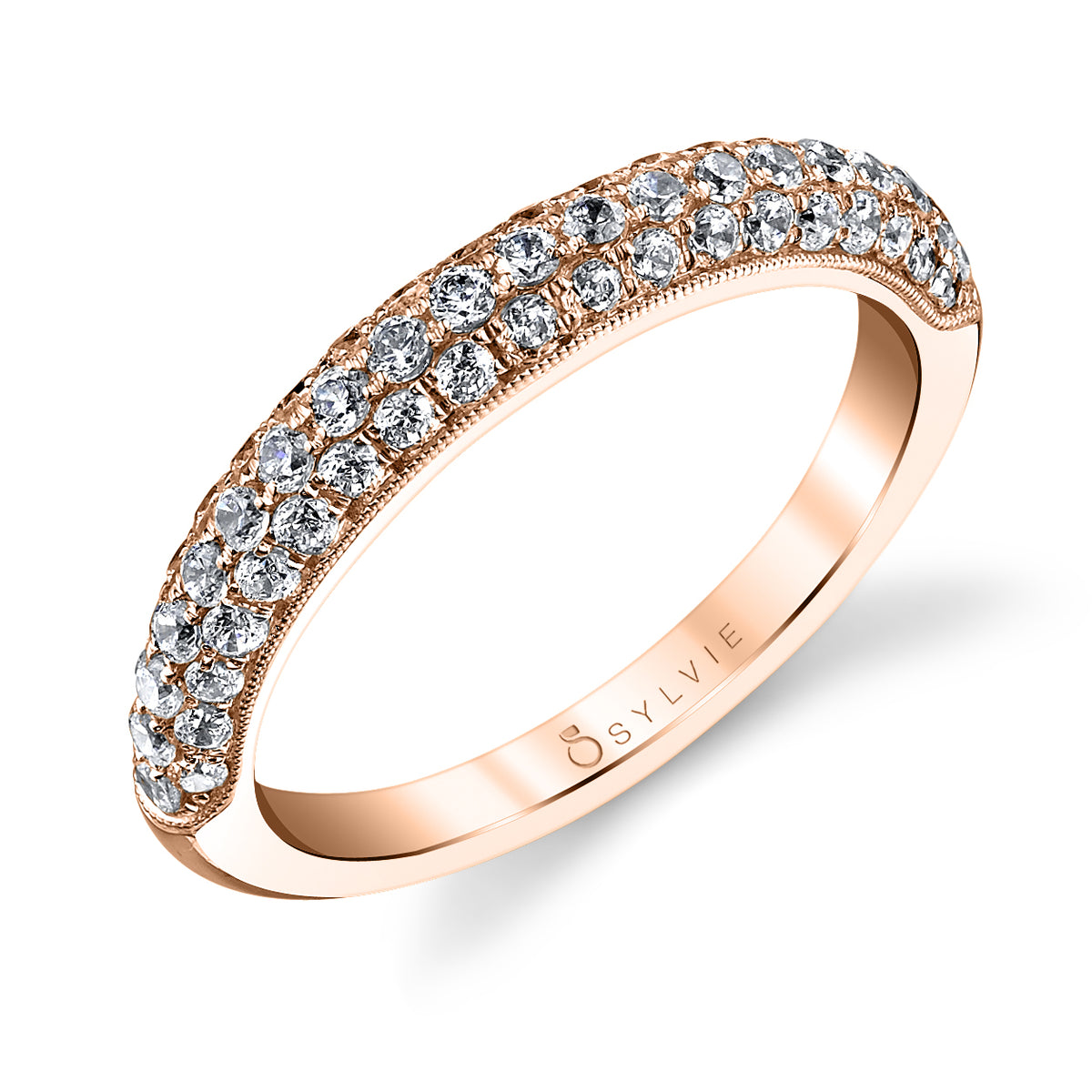 (14K Rose) Three Row Pave Wedding Band - Carla