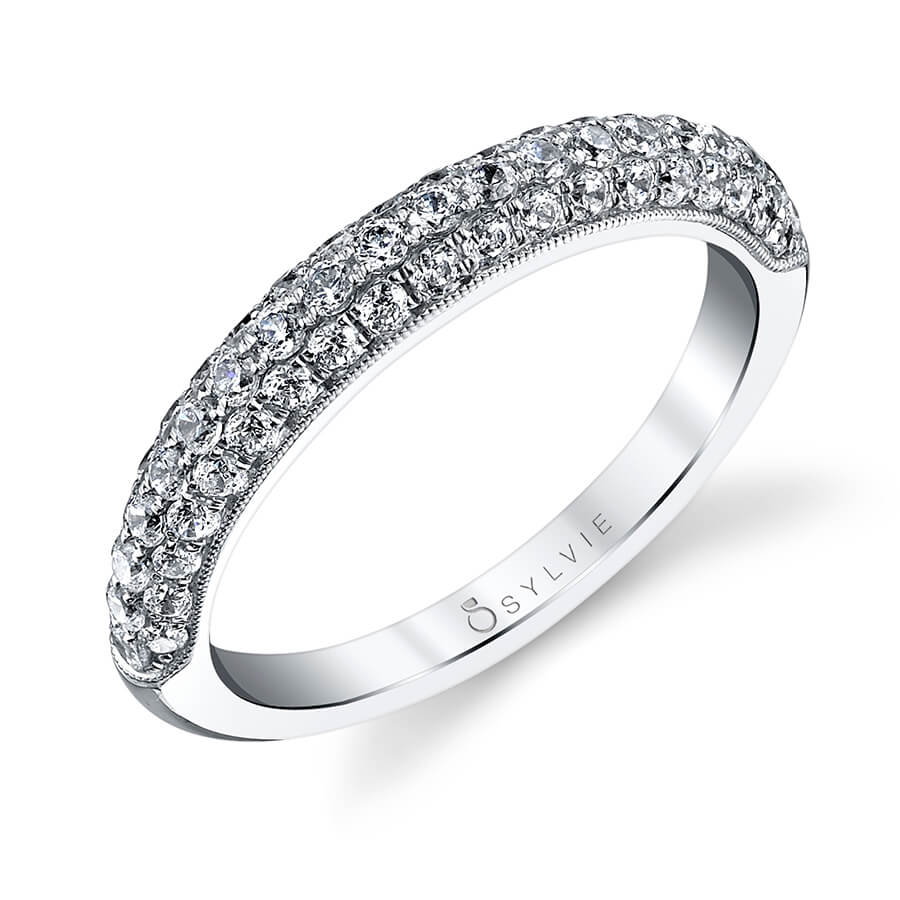 (Platinum White) Three Row Pave Wedding Band - Carla