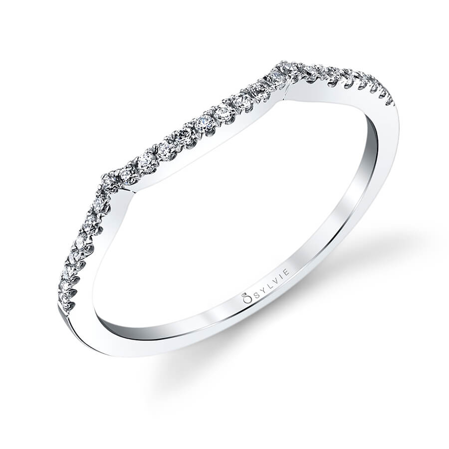 (18K White) Classic Curved Round Brilliant Diamond Wedding Band - Faustine