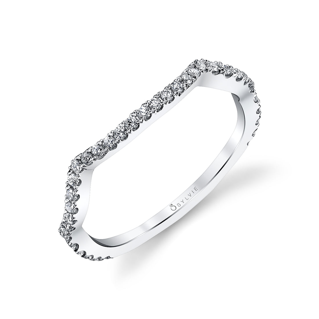 (18K White) Classic Curved Round Brilliant Diamond Wedding Band - Avril