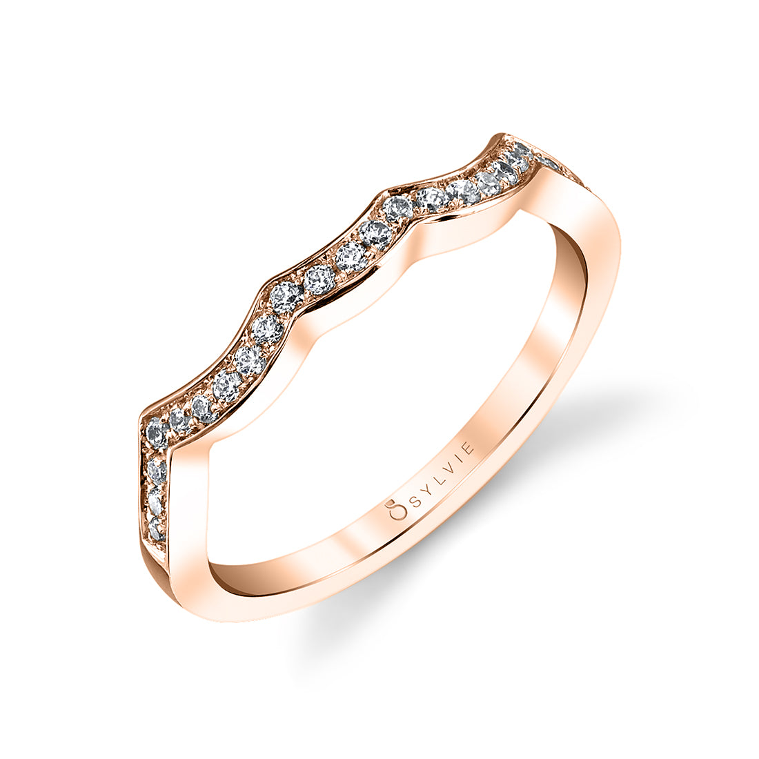 (14K Rose) Curved Diamond Wedding Band
