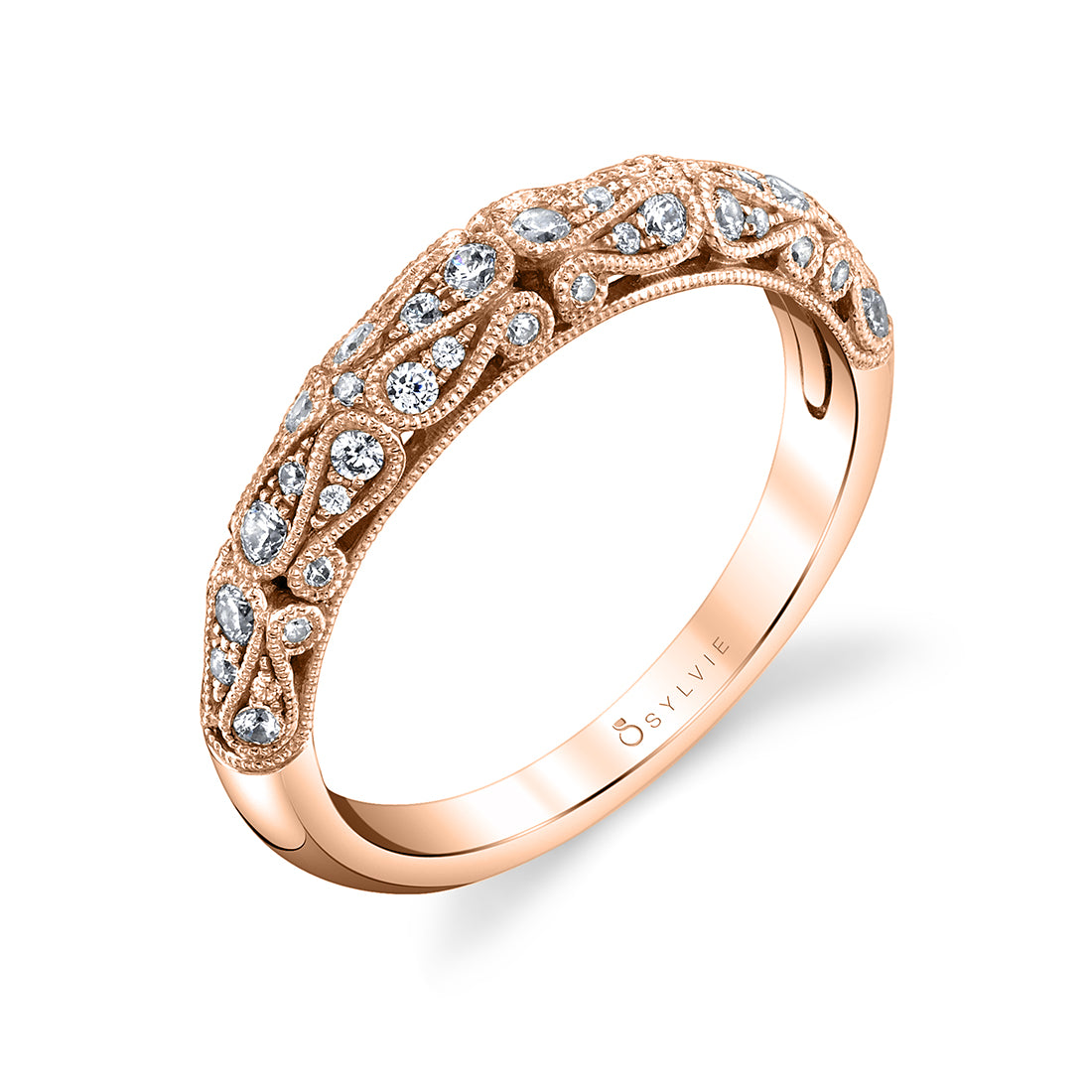 (14K Rose) Vintage Inspired Wedding Band with Milgrain Detail - Louise