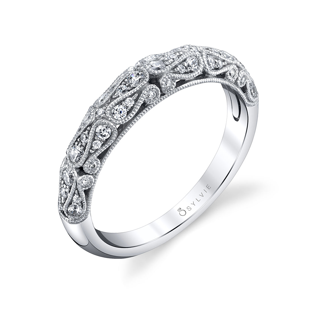 (14K White) Vintage Inspired Wedding Band with Milgrain Detail - Louise
