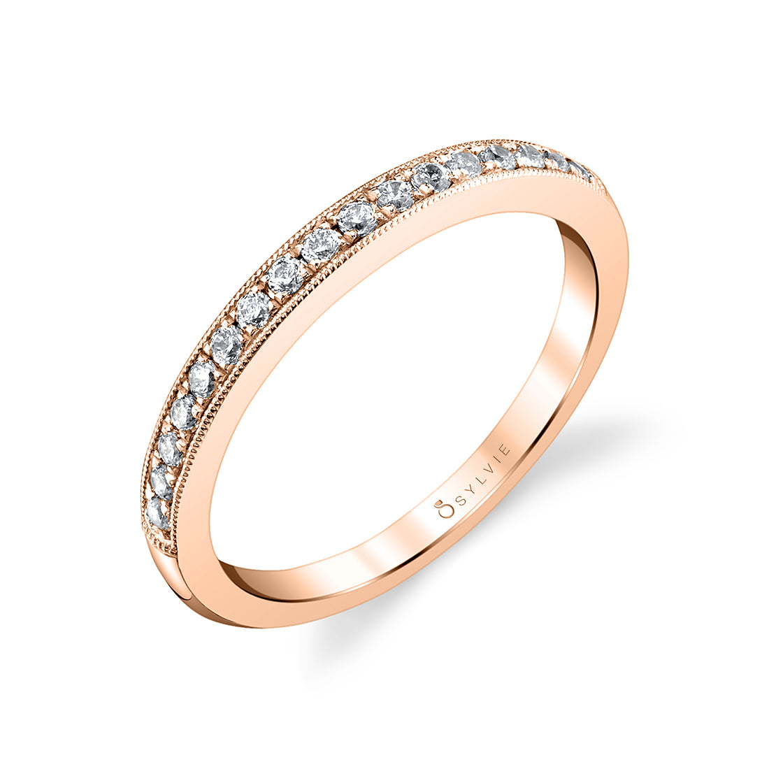 (14K Rose) Classic Diamond Wedding Band with Milgrain Detail - Francesca