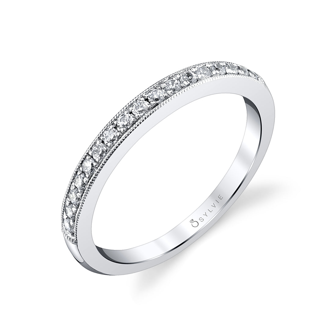 (14K White) Classic Diamond Wedding Band with Milgrain Detail - Francesca