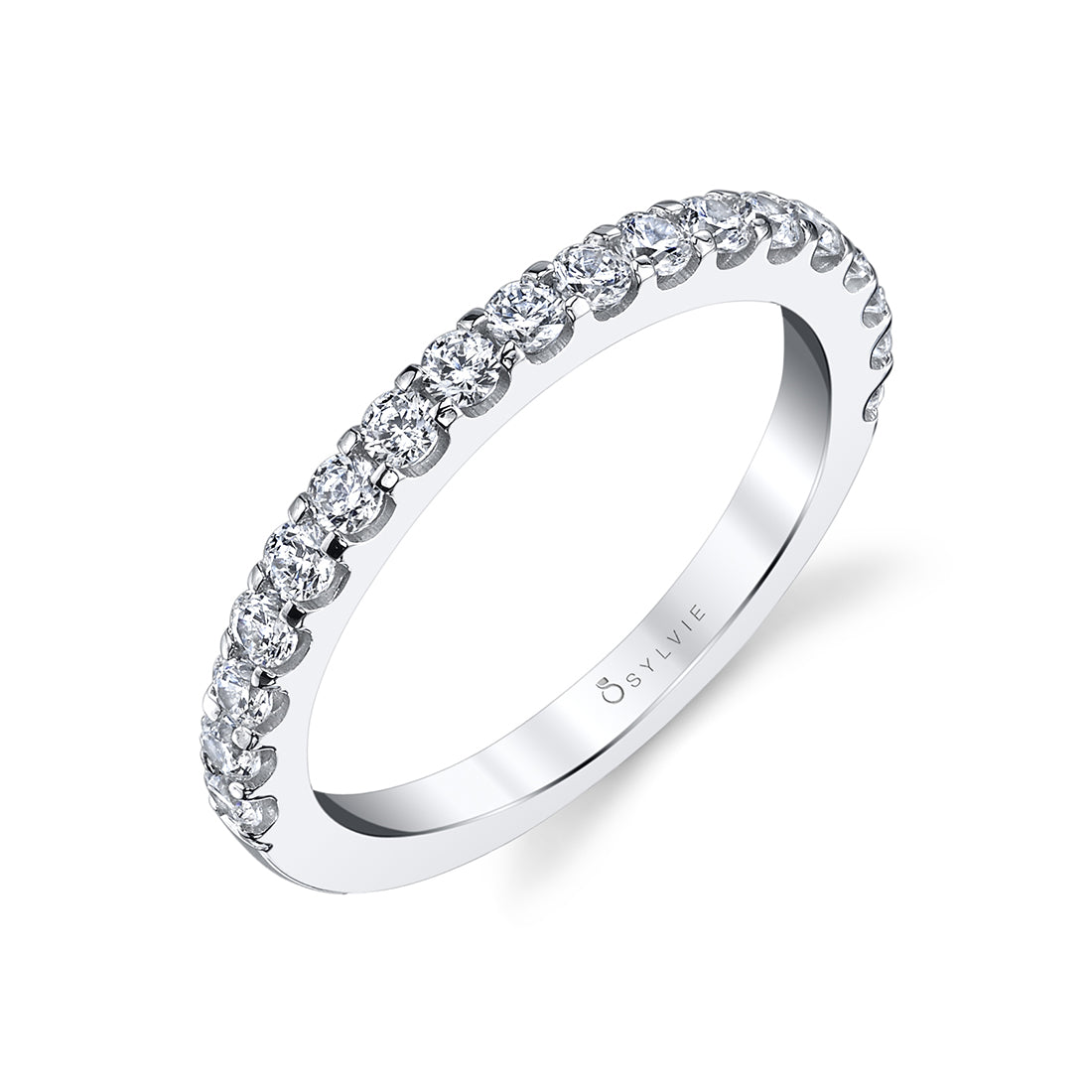 (14K White) Classic Shared Prong Wedding Band - Josette