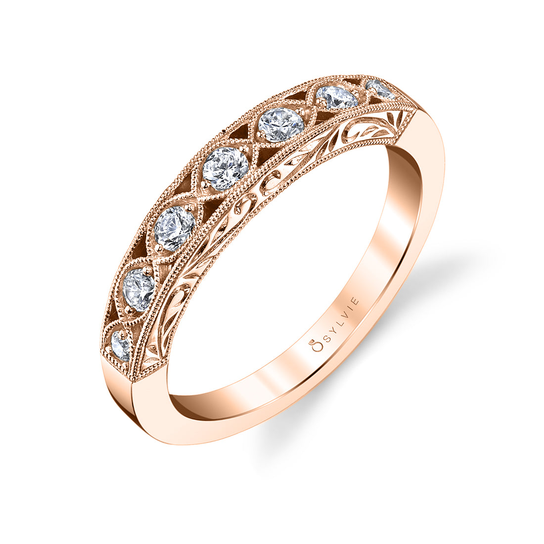 (14K Rose) Vintage Inspired Engraved Wedding Band