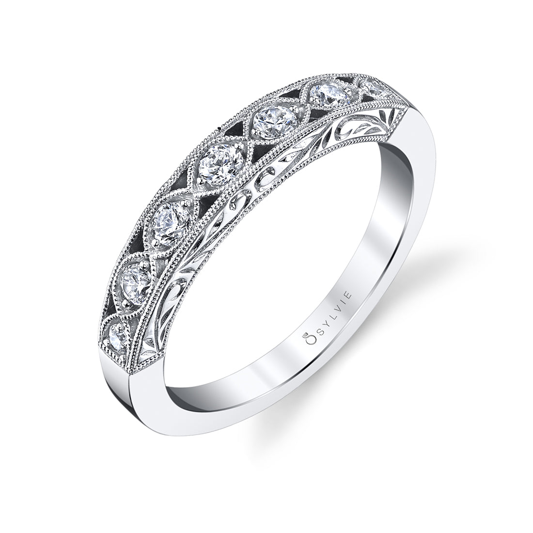 (14K White) Vintage Inspired Engraved Wedding Band