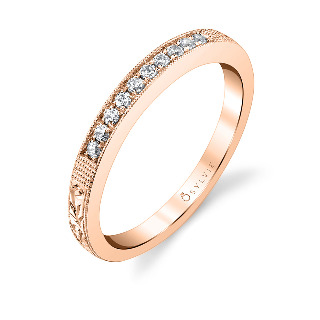(14K Rose) Vintage Inspired Wedding Band with Engraving Detail - Holly