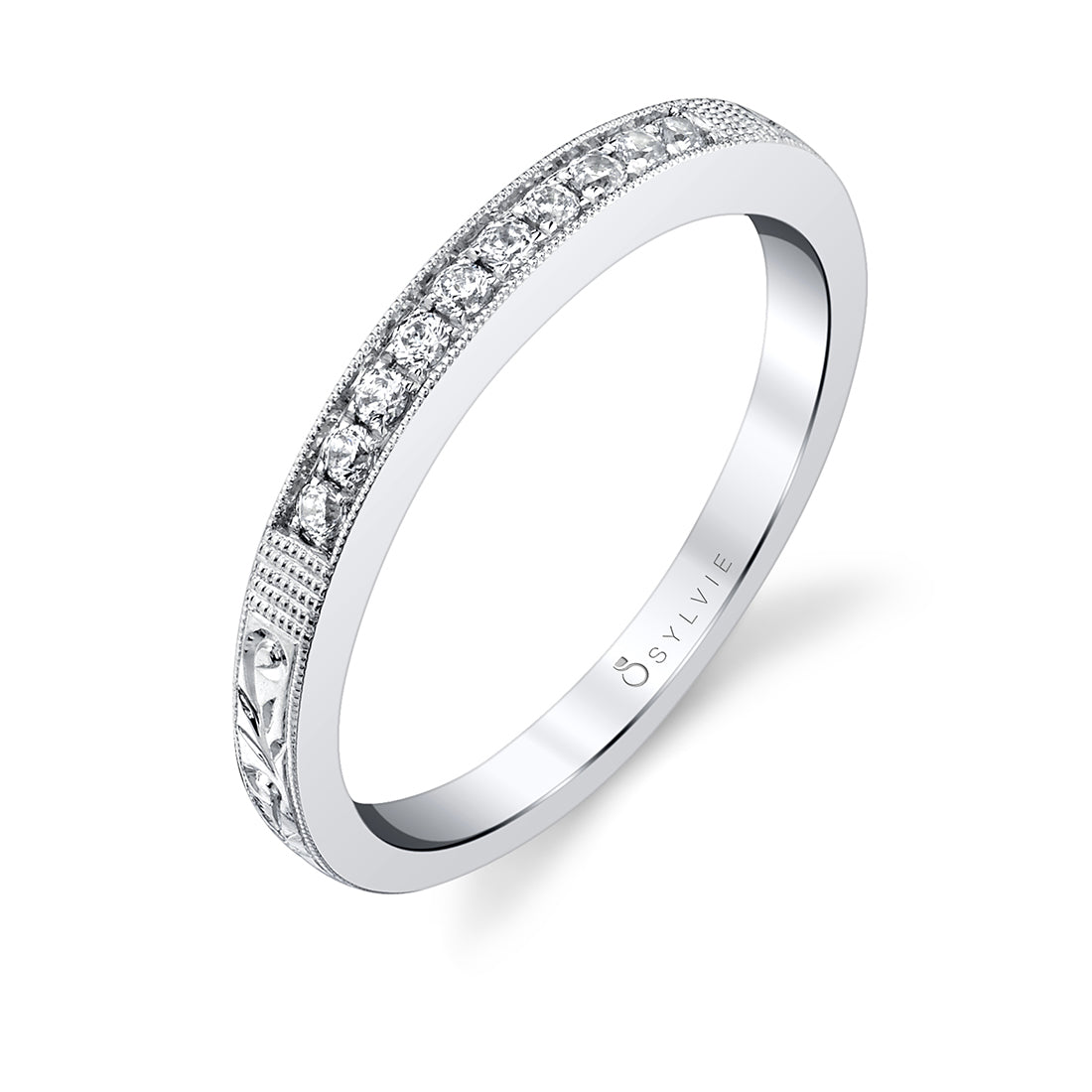 (14K White) Vintage Inspired Wedding Band with Engraving Detail - Holly