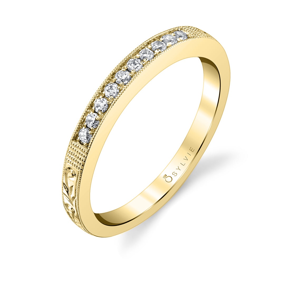 (18K Yellow) Vintage Inspired Wedding Band with Engraving Detail - Holly
