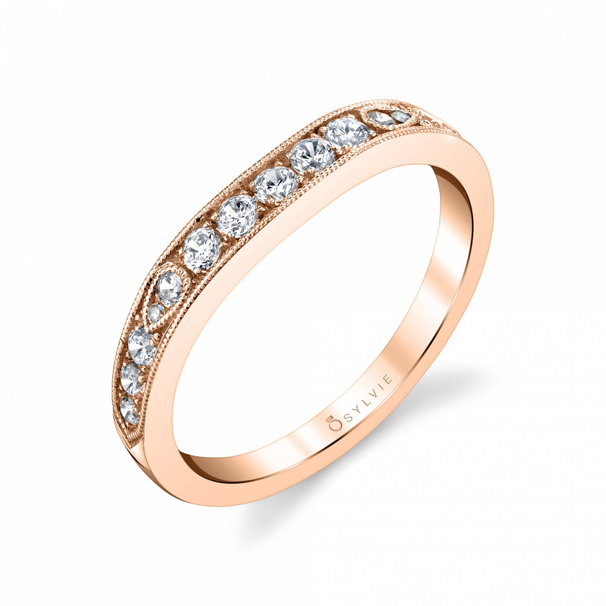 (14K Rose) Unique Diamond Wedding Band with Milgrain Detail - Chereen
