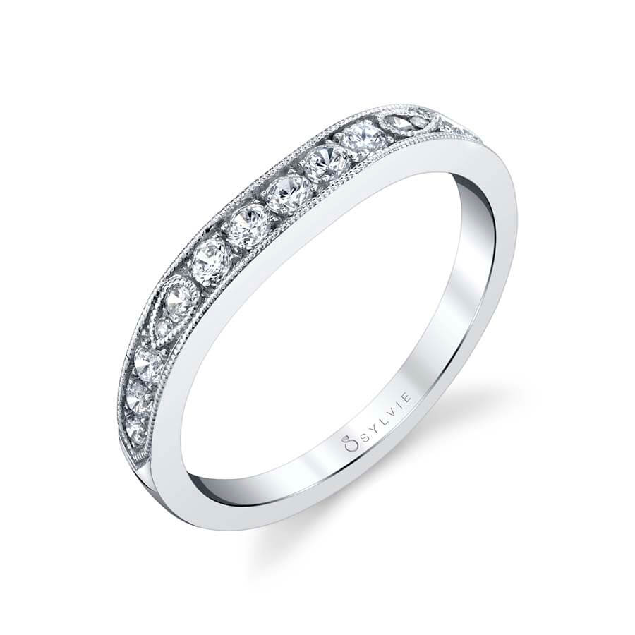 (Platinum White) Unique Diamond Wedding Band with Milgrain Detail - Chereen