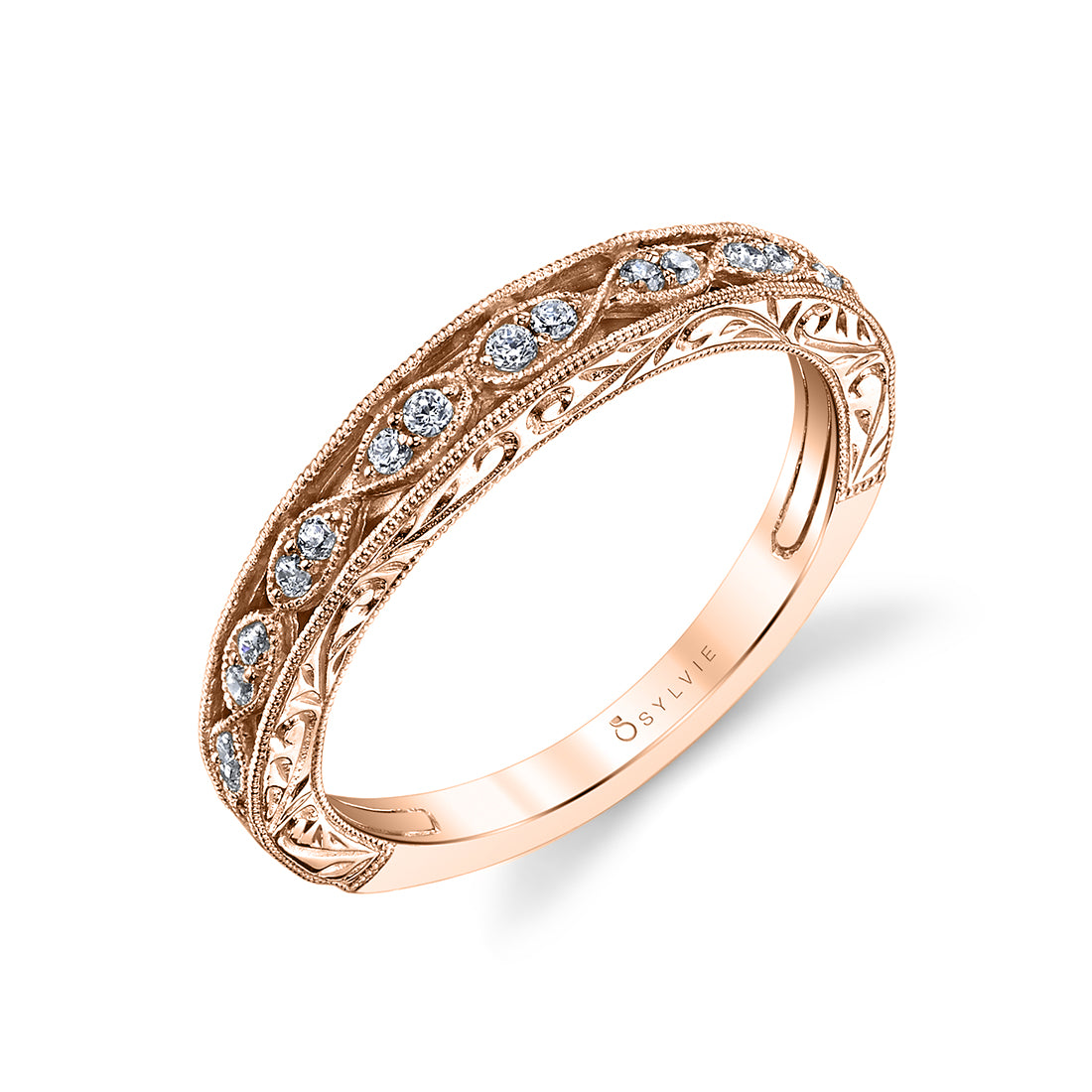 (14K Rose) Vintage Inspired Wedding Band with Hand Engraving - Justeen