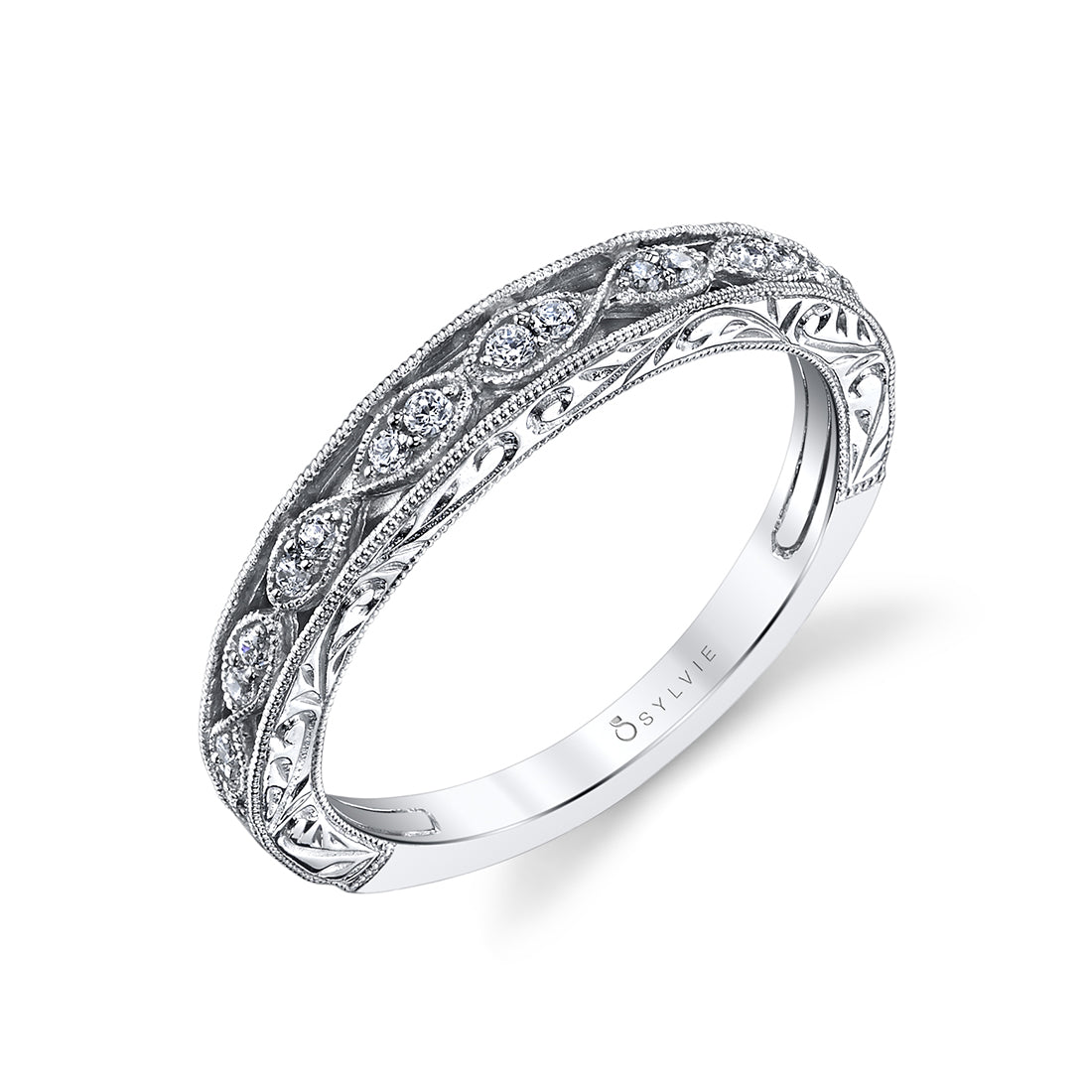 (14K White) Vintage Inspired Wedding Band with Hand Engraving - Justeen