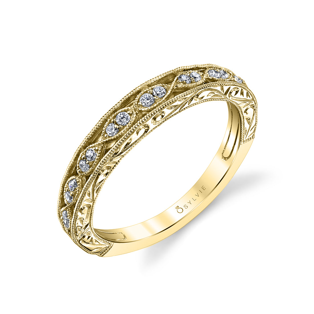 (18K Yellow) Vintage Inspired Wedding Band with Hand Engraving - Justeen