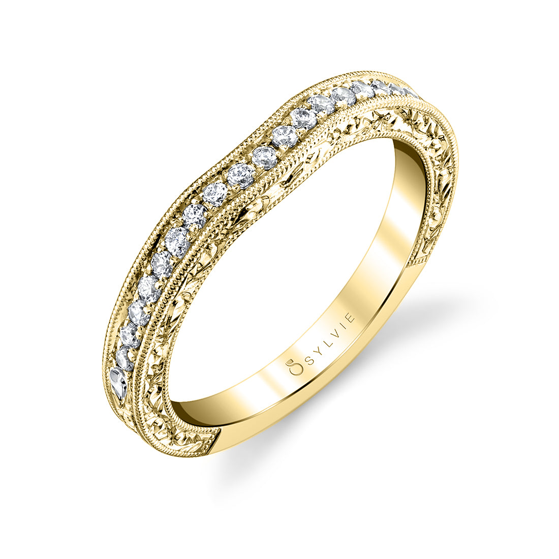 (14K Yellow) Vintage Inspired Diamond Wedding Band with Engraving Detail