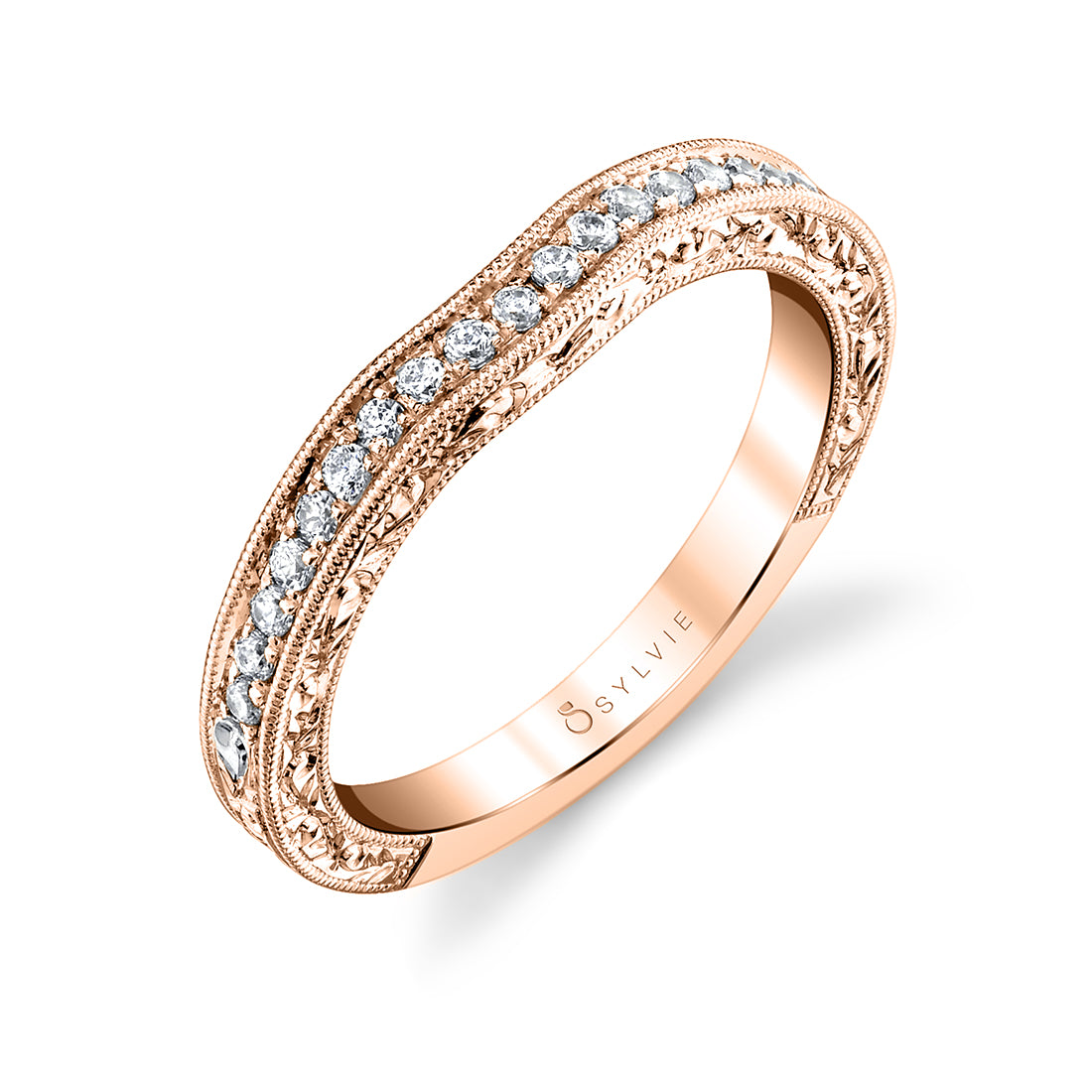 (18K Rose) Vintage Inspired Diamond Wedding Band with Engraving Detail