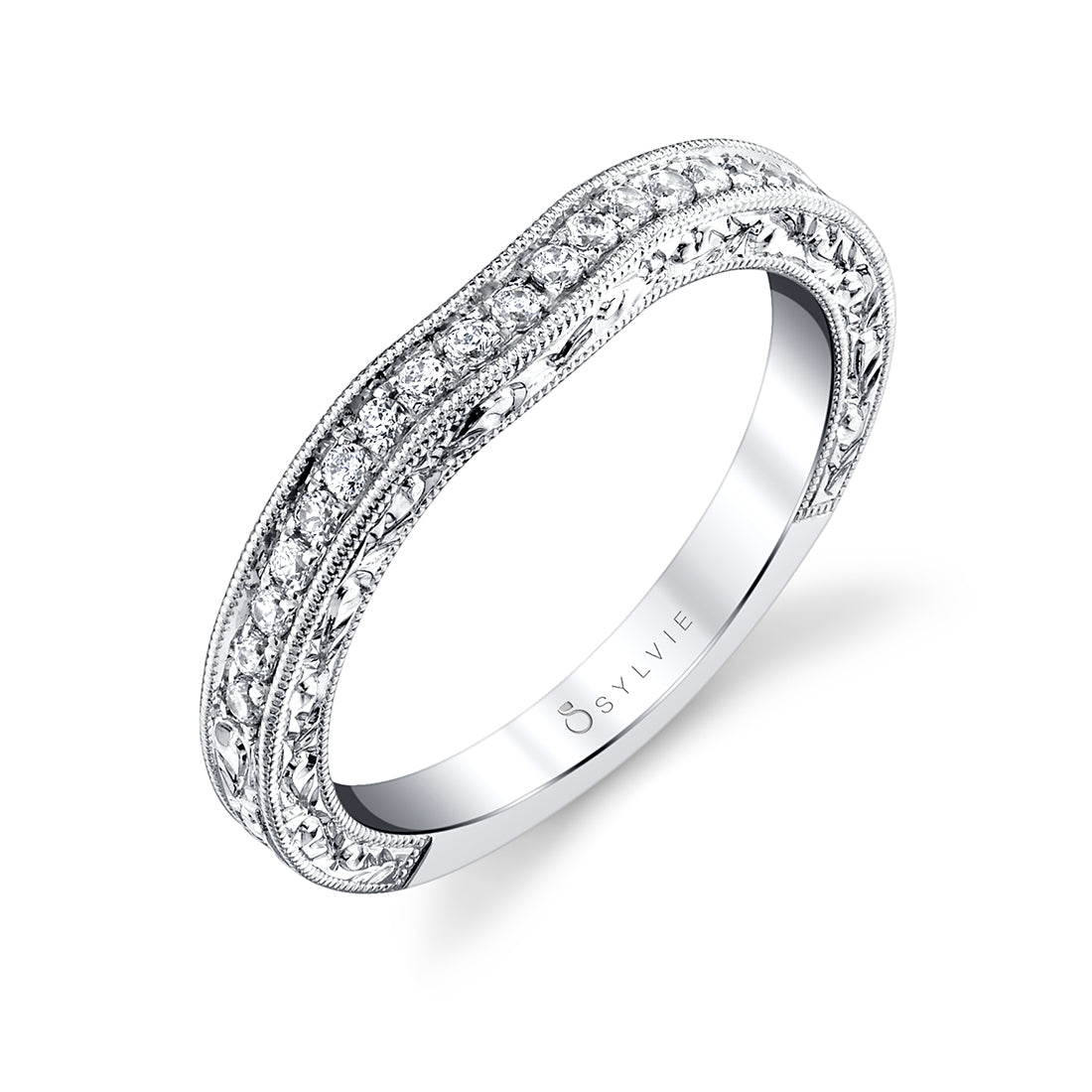 (Platinum White) Vintage Inspired Diamond Wedding Band with Engraving Detail
