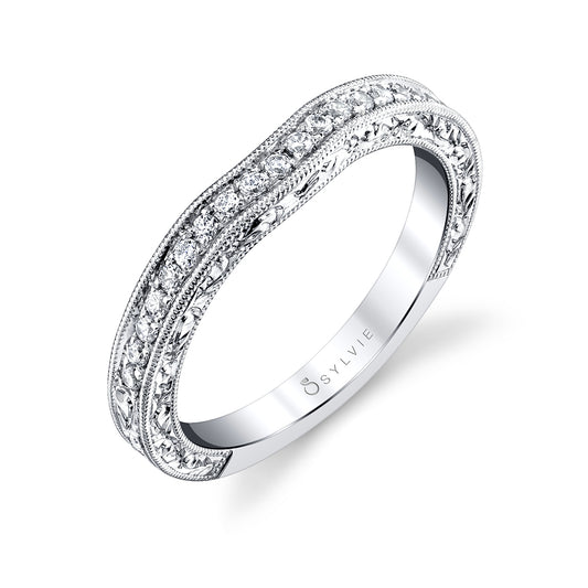 (Platinum White) Vintage Inspired Diamond Wedding Band with Engraving Detail