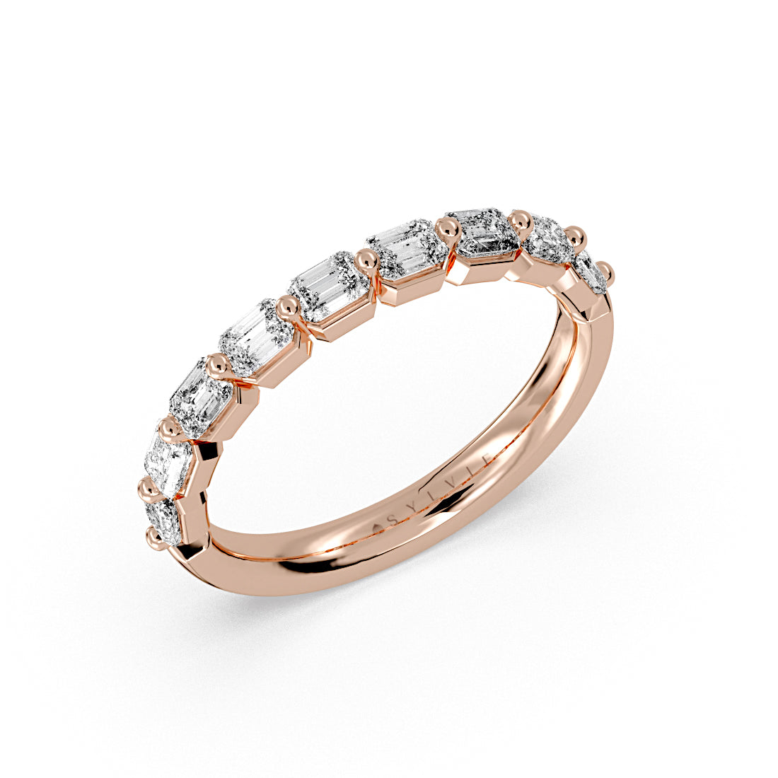 (14K Rose) Shared Prong Baguette Wedding Ring - Trinity