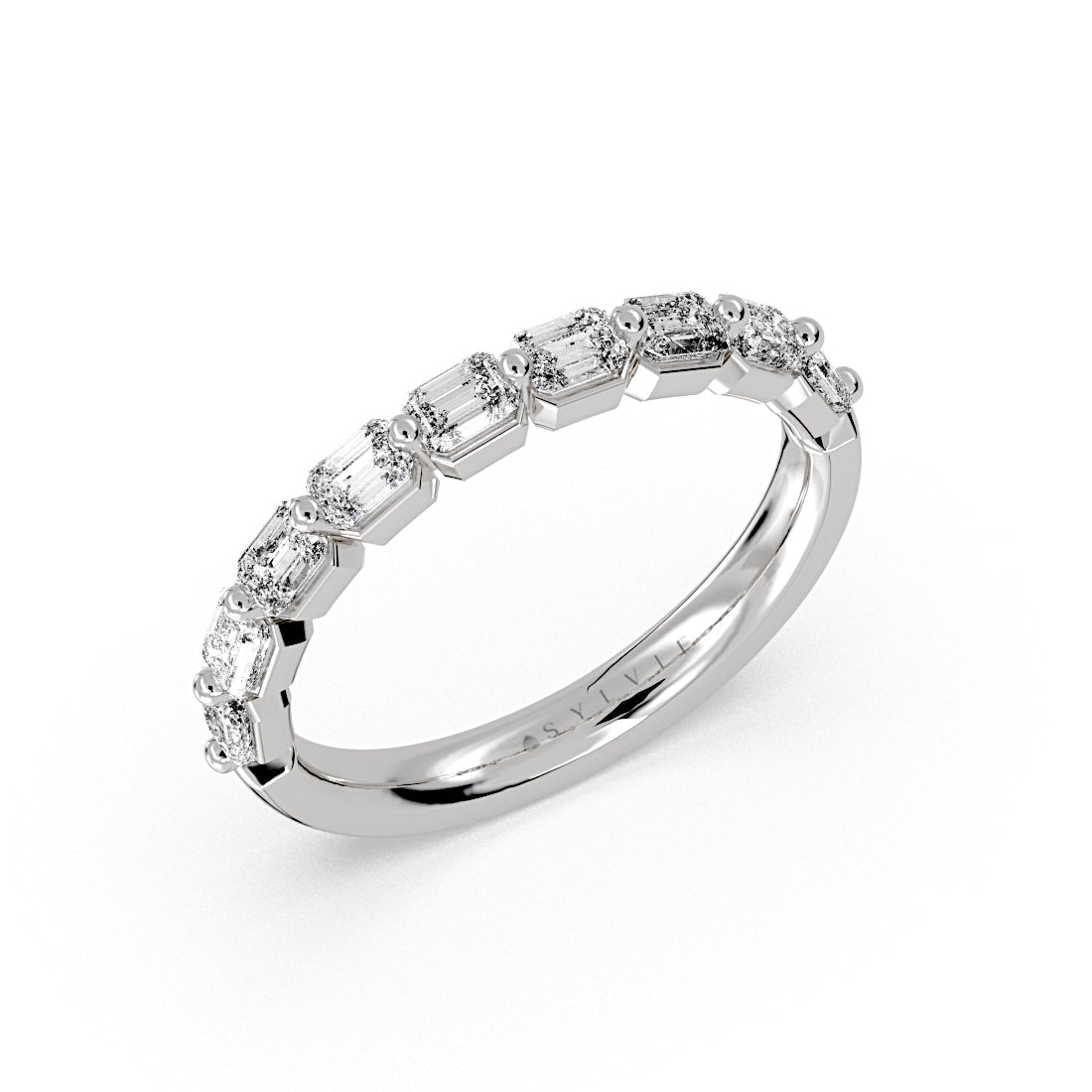 (14K White) Shared Prong Baguette Wedding Ring - Trinity