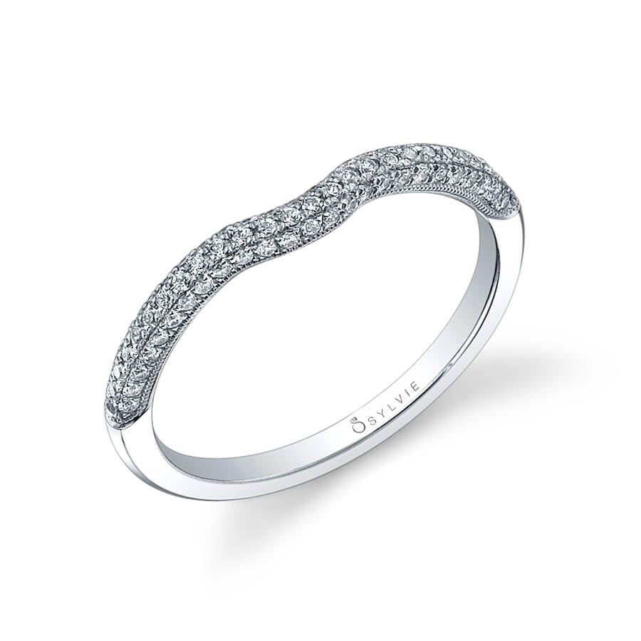 (14K White) Curved Diamond Pave Wedding Band