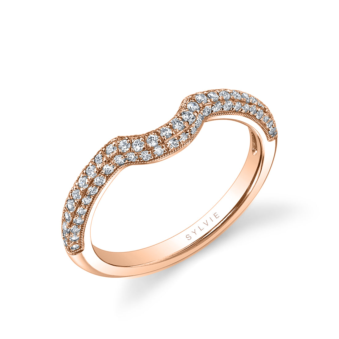 (14K Rose) Curved Diamond Pave Wedding Band