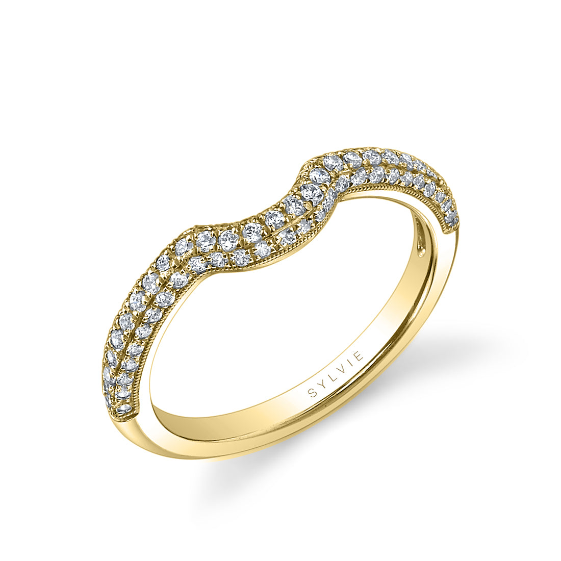 (14K Yellow) Curved Diamond Pave Wedding Band