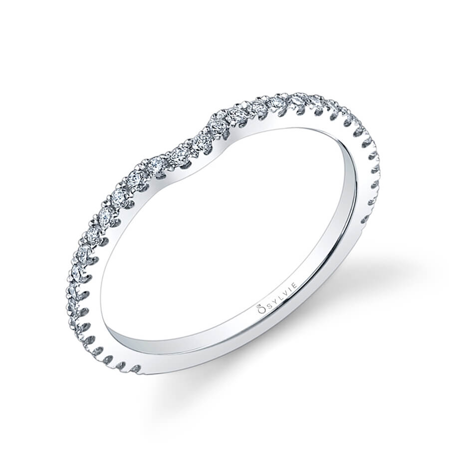 (14K White) Classic Curved Round Brilliant Diamond Wedding Band