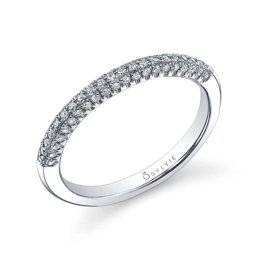 (18K White) Three Row Diamond Wedding Band