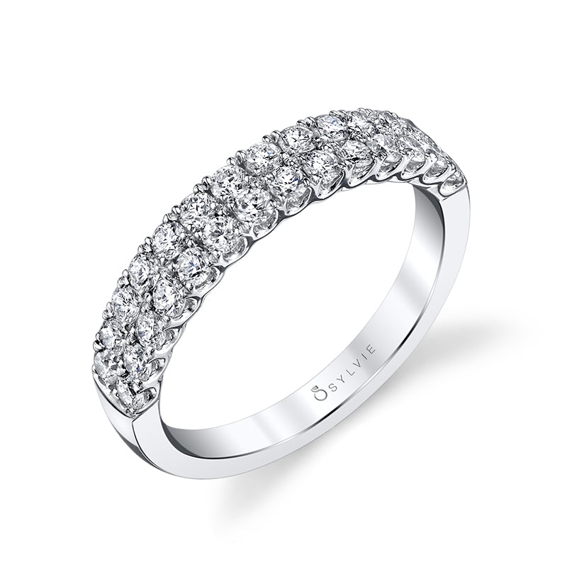 (18K White) Double Row Diamond Wedding Band
