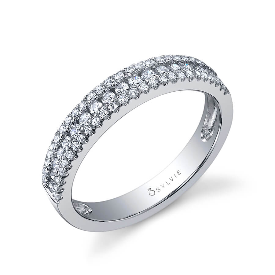 (14K Yellow) Three Row Diamond Wedding Band