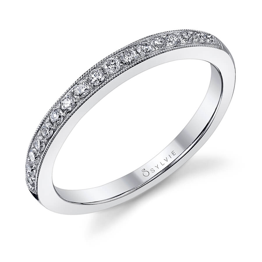 (18K White) Classic Wedding Band with Milgrain Accents