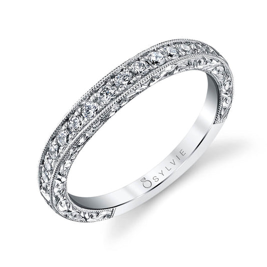 (Platinum White) Hand-Engraved Vintage Wedding Band