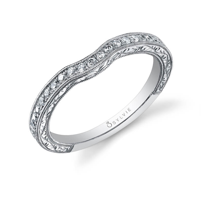 (18K White) Hand-Engraved Vintage Wedding Band