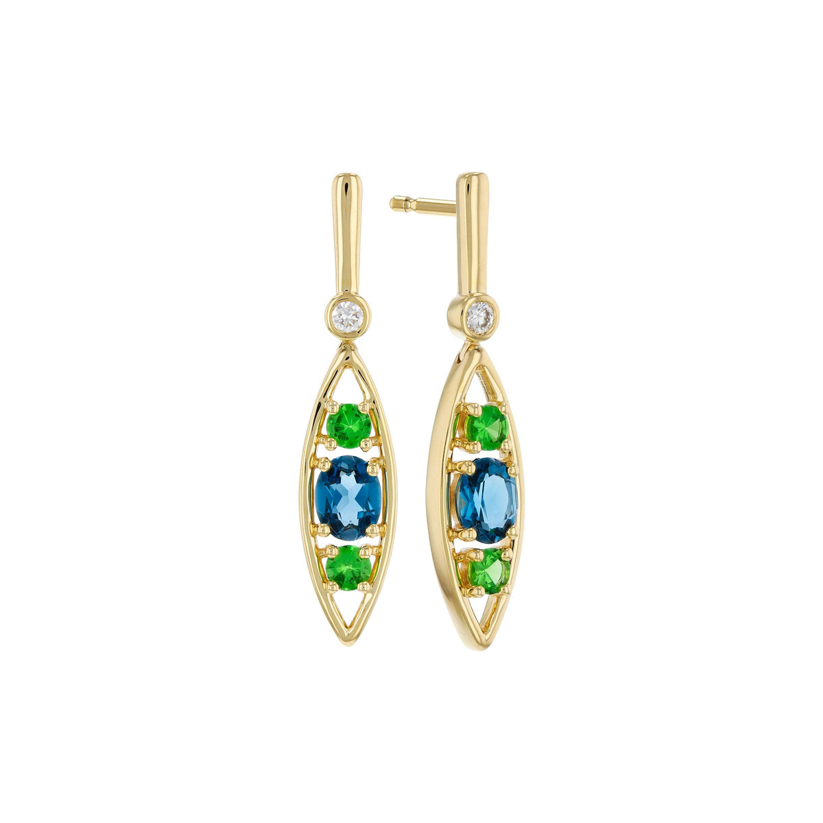 14KT Gold Blue Topaz & Green Garnet Earrings