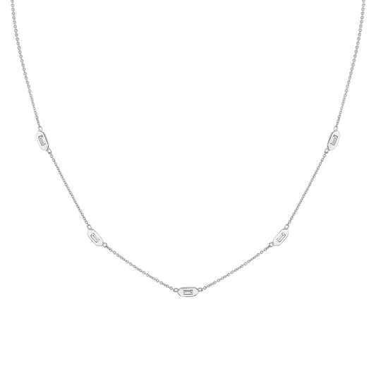 (14K White) Shell Tip Bezel Baguette Diamonds Necklace