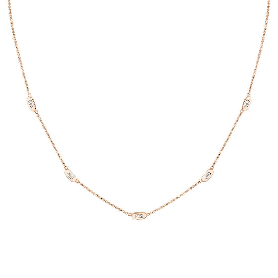 (18K Rose) Shell Tip Bezel Baguette Diamonds Necklace