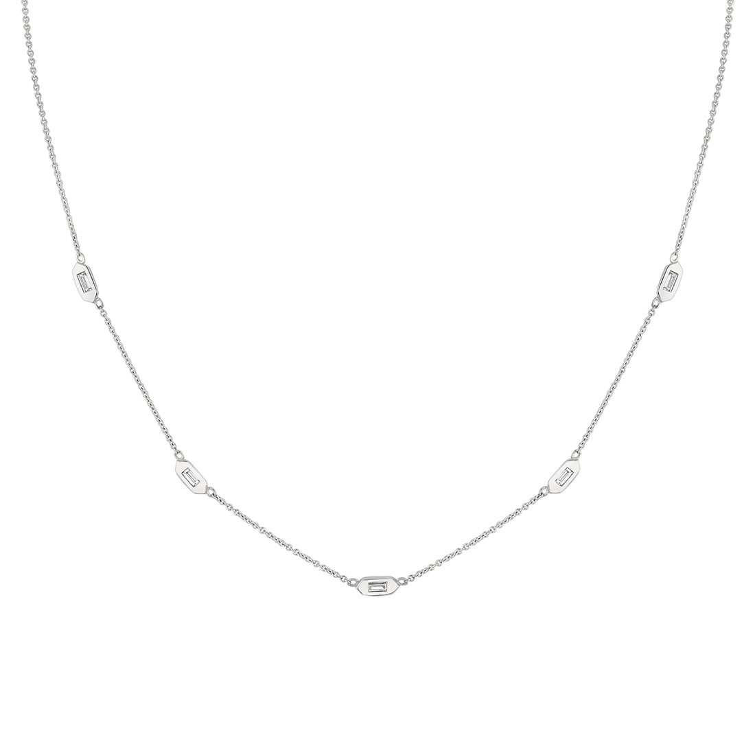 (18K White) Shell Tip Bezel Baguette Diamonds Necklace