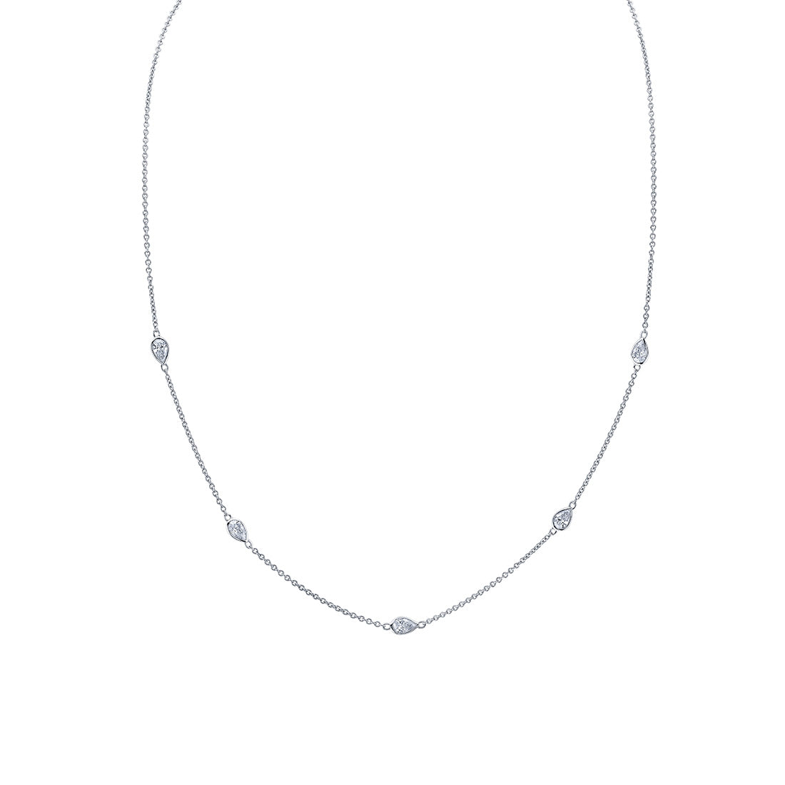 (14K White) Spaced Bezel Pear Diamonds Necklace