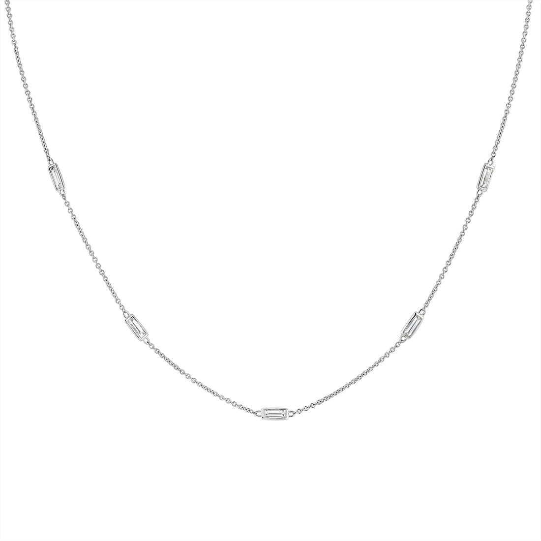 (14K White) Bezel Baguette Diamonds Necklace