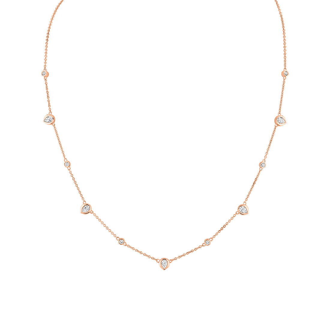 (14K Rose) Shell Bezel Pear Diamonds Necklace