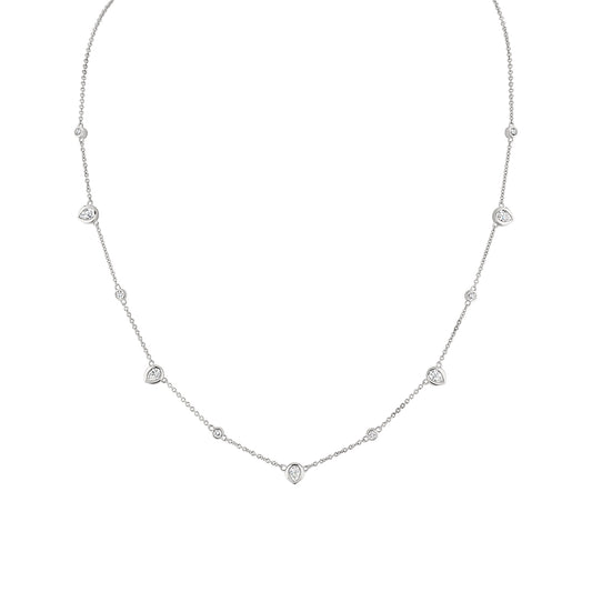 (14K White) Shell Bezel Pear Diamonds Necklace