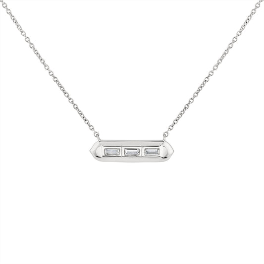 (14K White) Shell Tip Bezel Baguette Diamond Necklace