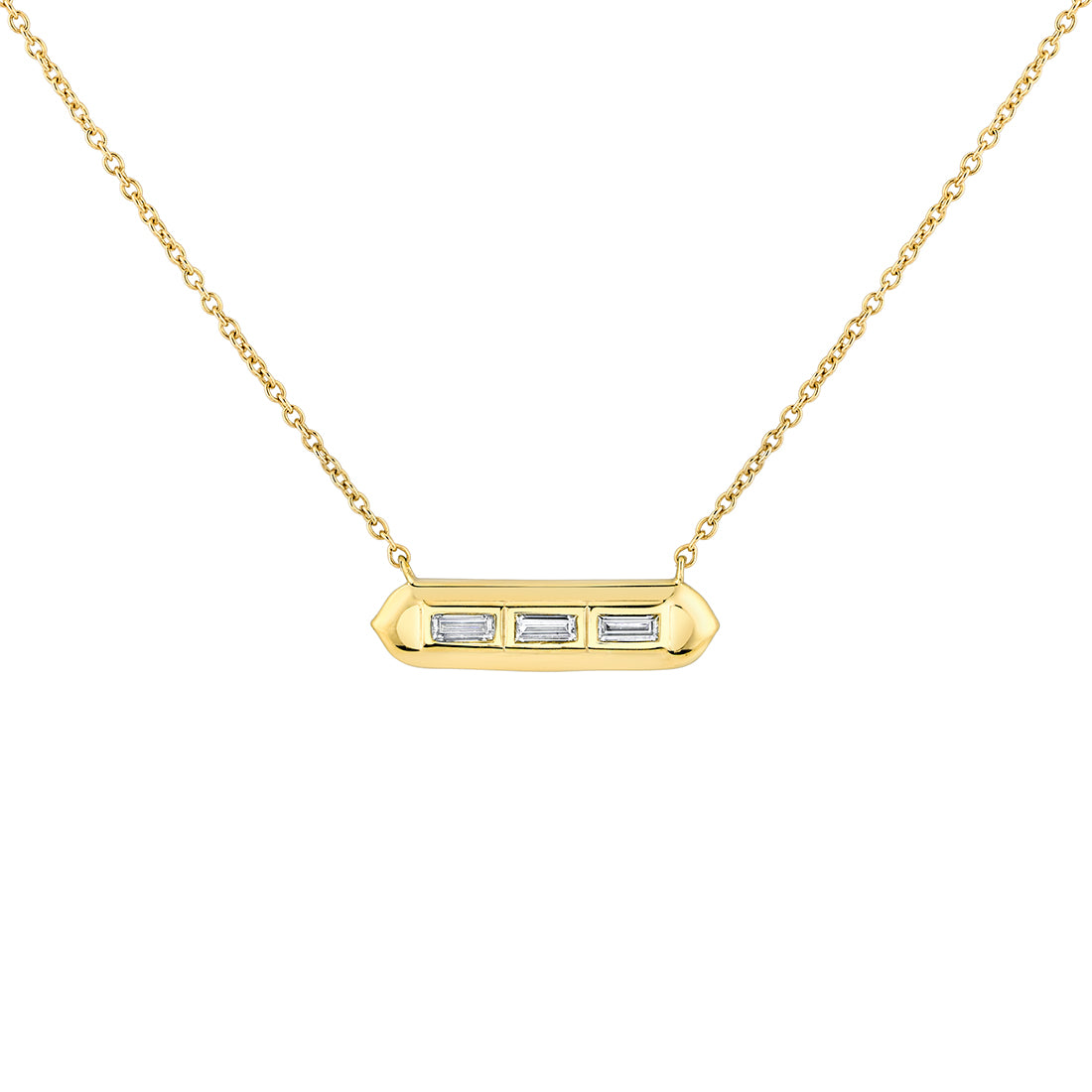 (14K Yellow) Shell Tip Bezel Baguette Diamond Necklace